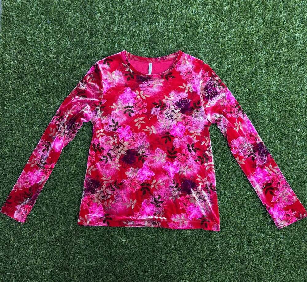 Early Y2K Plush Velvet Ruby Pink Gold Long Sleeve Whimsical Floral Shirt Size L